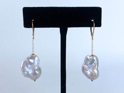 Baroque Pearl Dangle Earring with solid 14k Yellow Gold Lever Back Hook