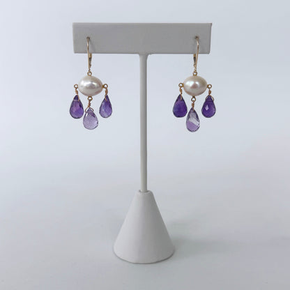 Pearl, Amethyst & 14k Gold Lever Back Chandelier Earrings