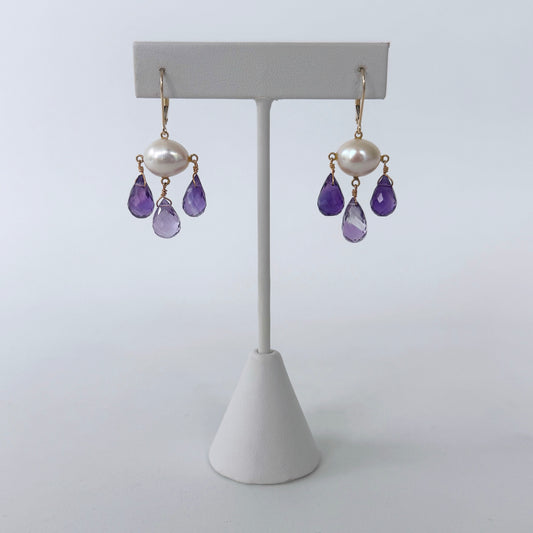 Pearl, Amethyst & 14k Gold Lever Back Chandelier Earrings