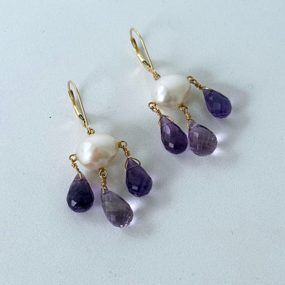 Pearl, Amethyst & 14k Gold Lever Back Chandelier Earrings