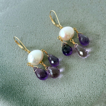 Pearl, Amethyst & 14k Gold Lever Back Chandelier Earrings