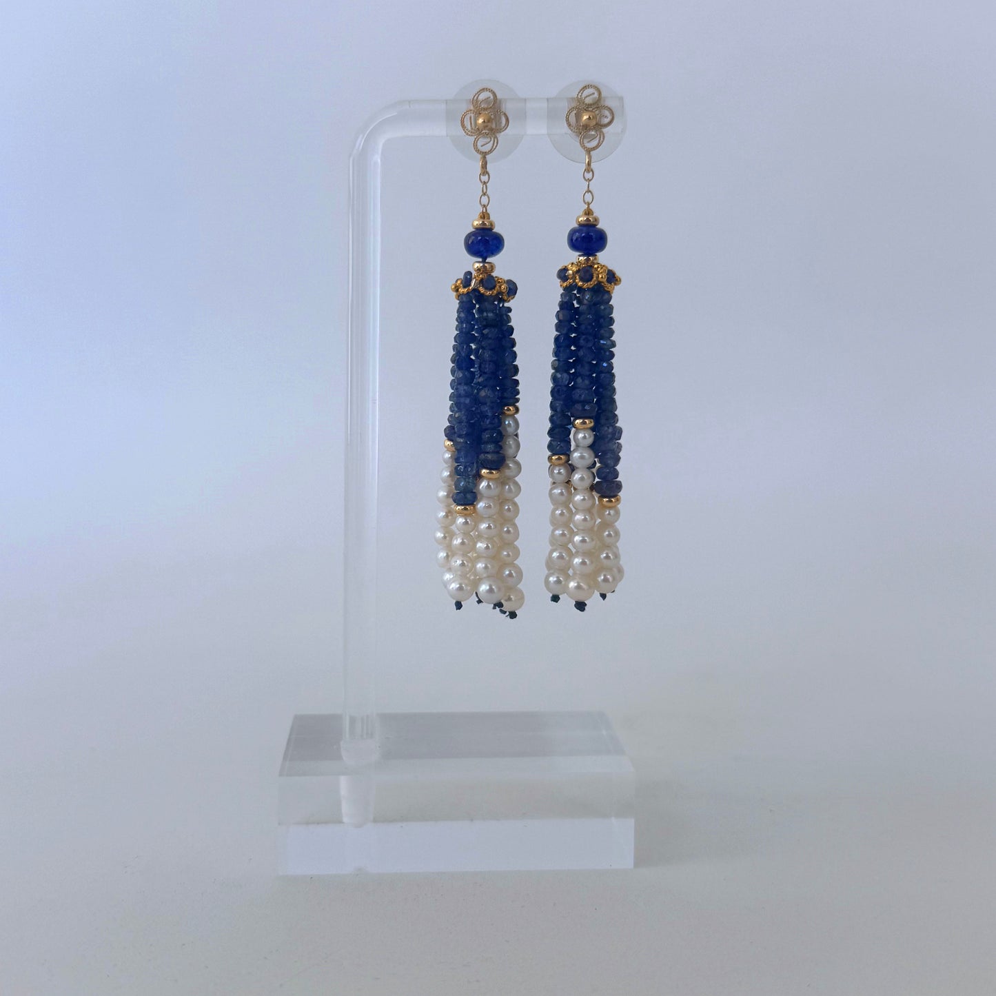 Blue Sapphire, 14k & Pearl Tassel Earrings