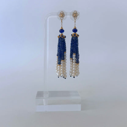 Blue Sapphire, 14k & Pearl Tassel Earrings