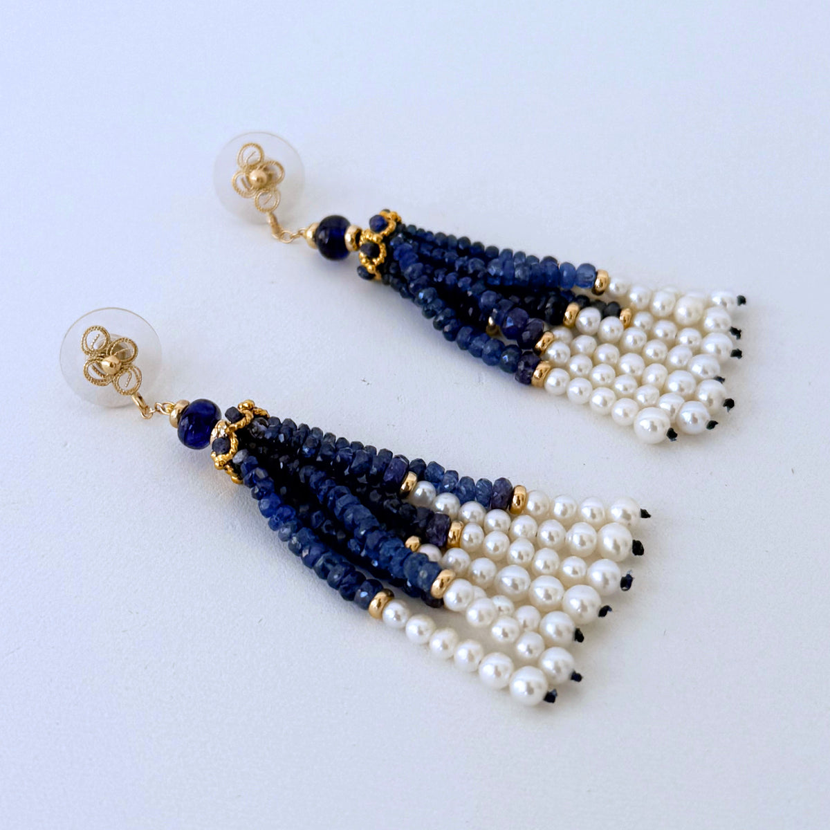 Blue Sapphire, 14k & Pearl Tassel Earrings