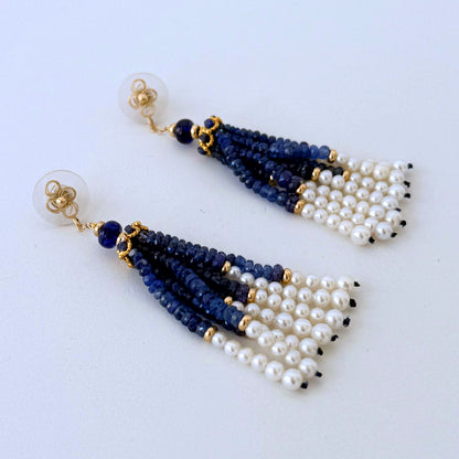 Blue Sapphire, 14k & Pearl Tassel Earrings