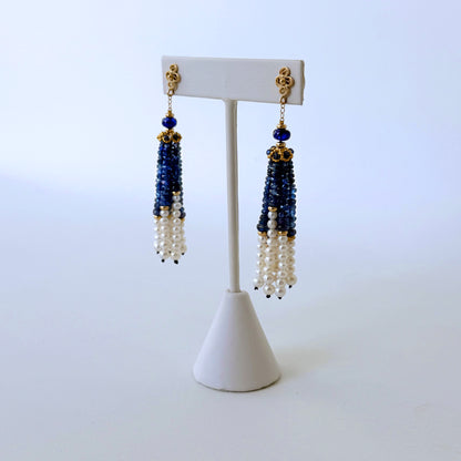 Blue Sapphire, 14k & Pearl Tassel Earrings