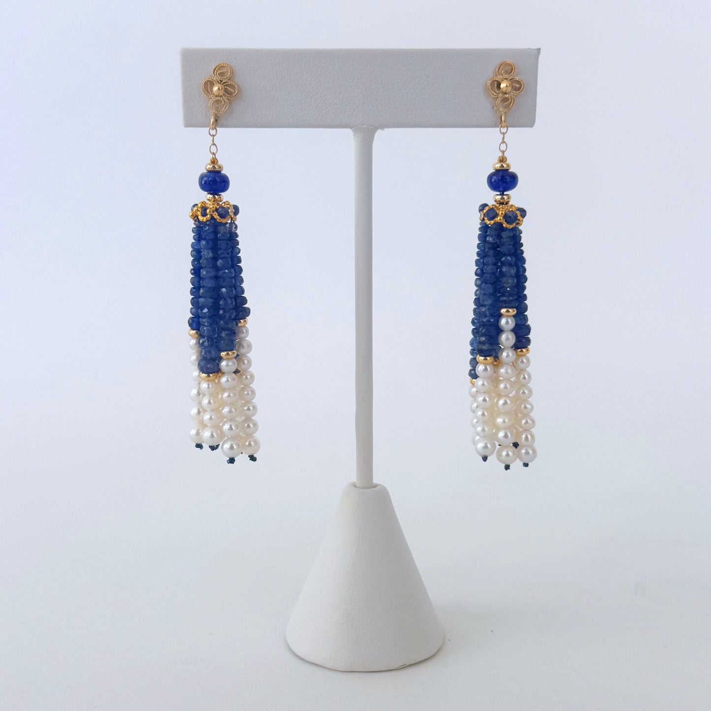 Blue Sapphire, 14k & Pearl Tassel Earrings