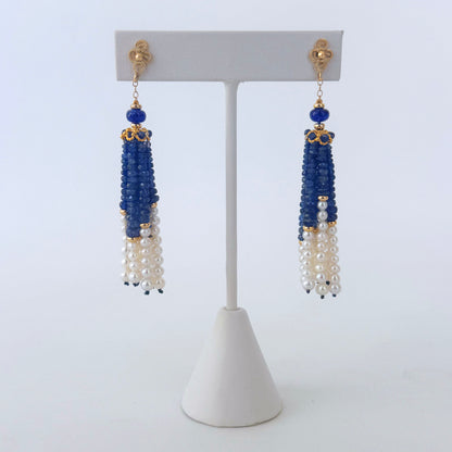 Blue Sapphire, 14k & Pearl Tassel Earrings