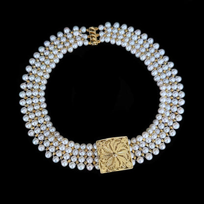 One Of A Kind Pearl & Faceted Gold Bead Choker with Vintage Filigree Centerpiece