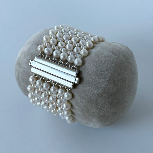 Bridal Pearl Woven Bracelet With Rhodium Plated Clasp
