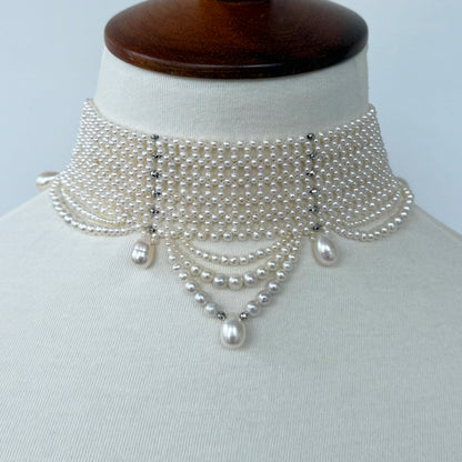 Adjustable Draped Pearl Choker with Rhodium Silver