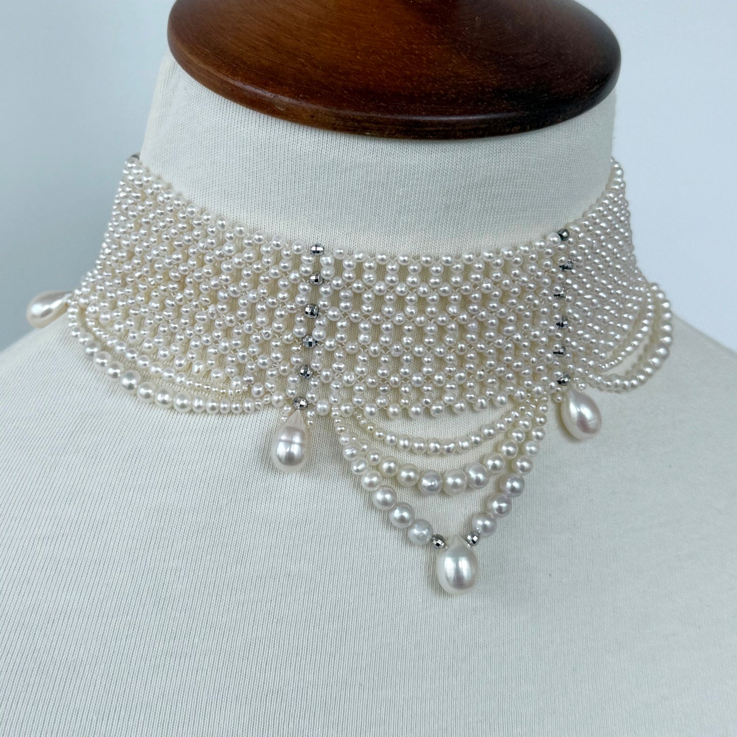 Adjustable Draped Pearl Choker with Rhodium Silver