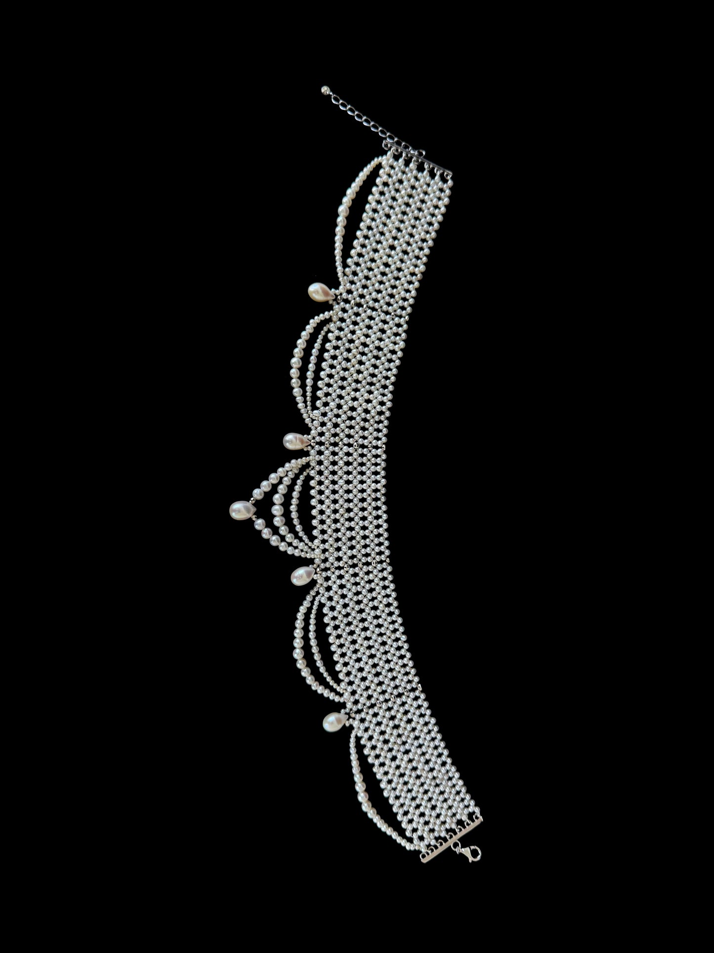 Adjustable Draped Pearl Choker with Rhodium Silver