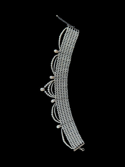 Adjustable Draped Pearl Choker with Rhodium Silver