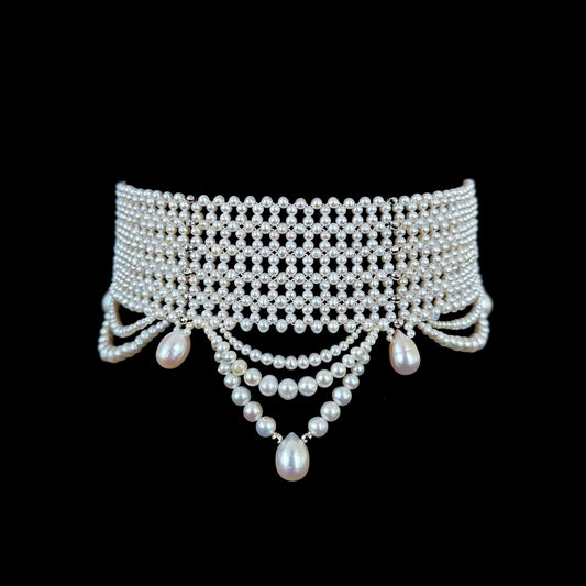 Adjustable Draped Pearl Choker with Rhodium Silver