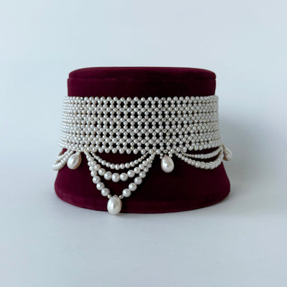 Adjustable Draped Pearl Choker with Rhodium Silver