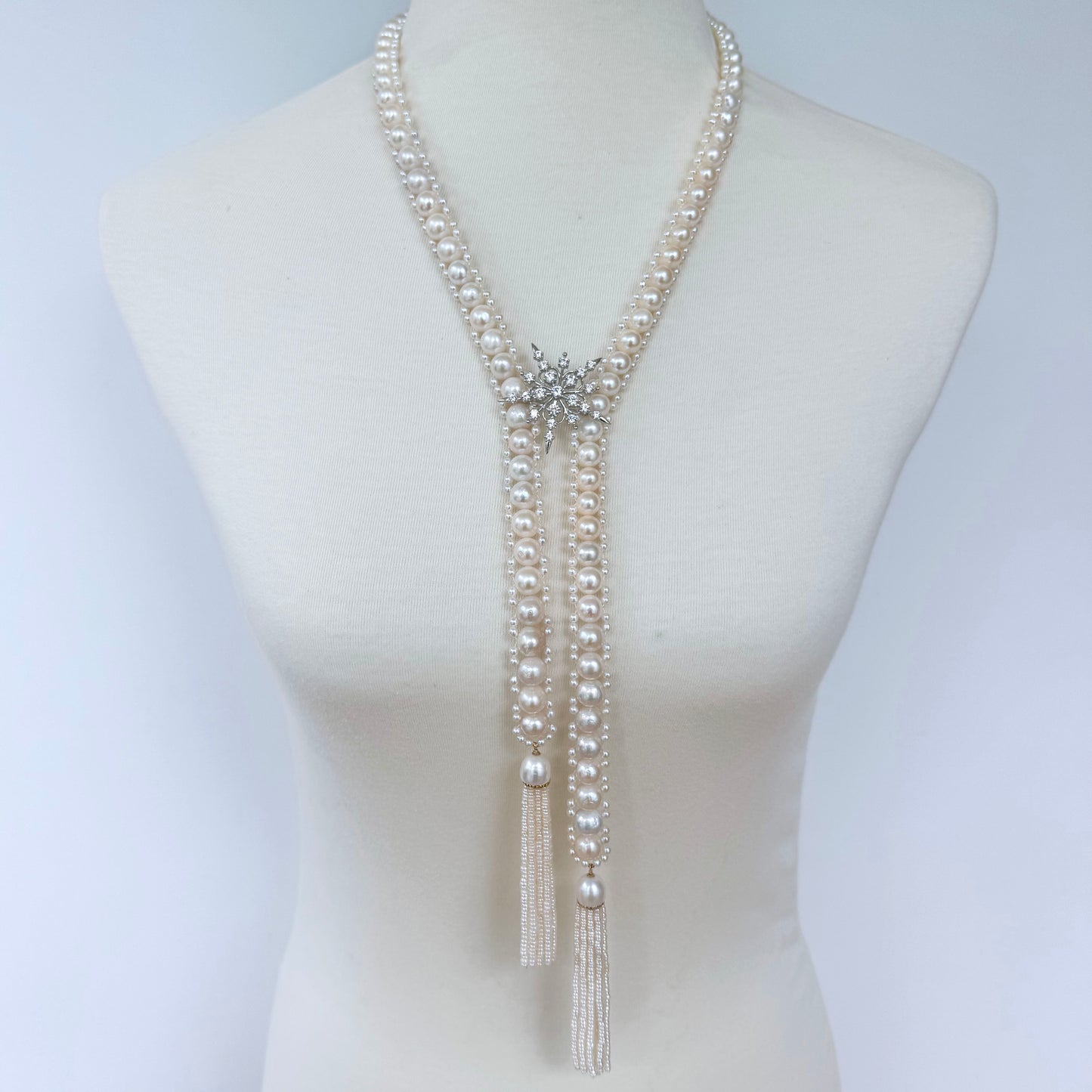 Classic Bridal Pearl Sautoir with 14k Gold & Diamonds