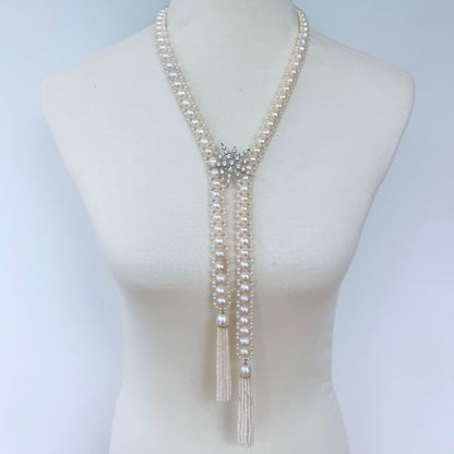 Classic Bridal Pearl Sautoir with 14k Gold & Diamonds