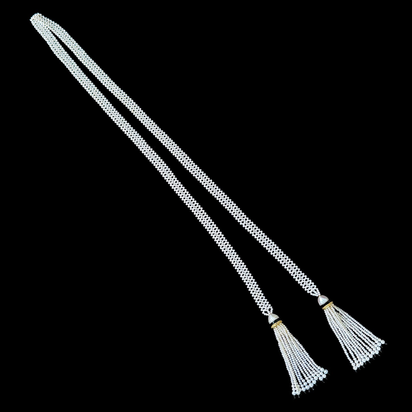 Pearl Woven Lariat Sautoir With Gold & Diamonds