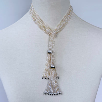 Pearl Woven Lariat Sautoir With Gold & Diamonds