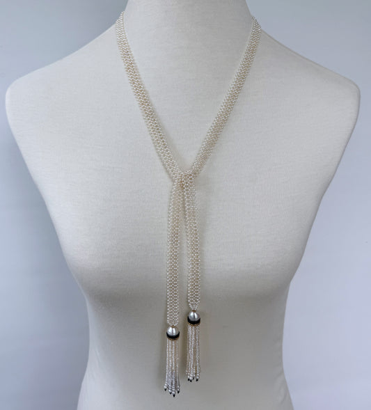 Pearl Woven Lariat Sautoir With Gold & Diamonds