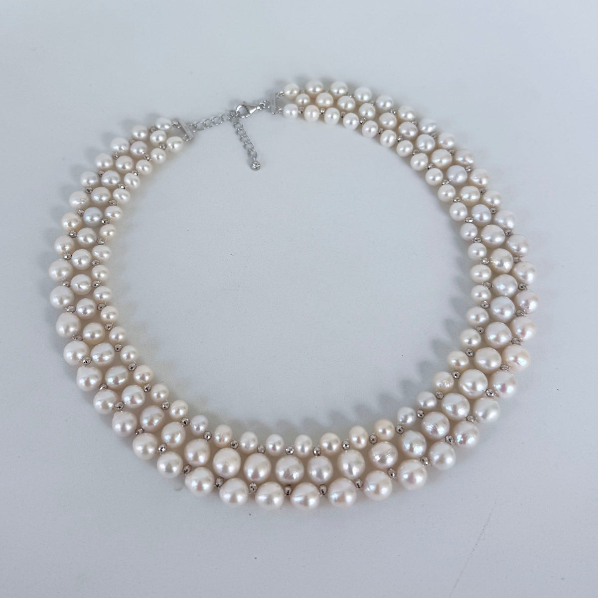 Pearl Woven Silver Necklace with Adjustable Clasp