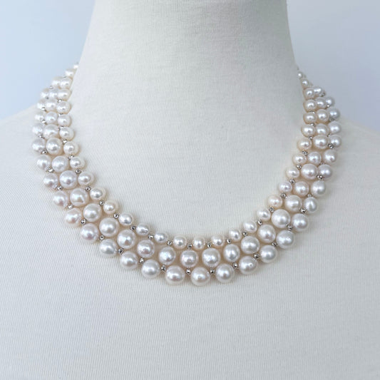 Pearl Woven Silver Necklace with Adjustable Clasp
