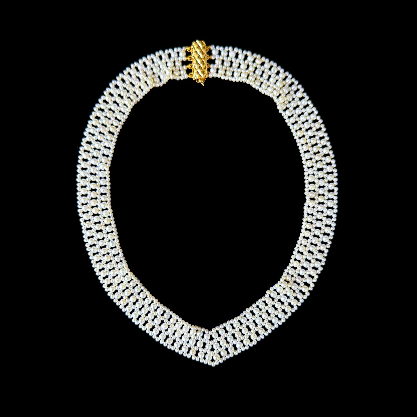 Pearl Woven Bridal V Necklace with Solid 14k Gold Clasp