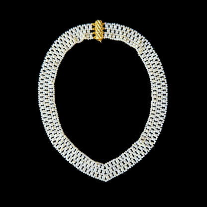 Pearl Woven Bridal V Necklace with Solid 14k Gold Clasp