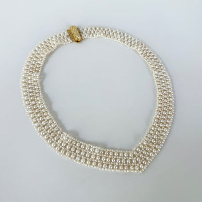 Pearl Woven Bridal V Necklace with Solid 14k Gold Clasp