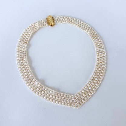 Pearl Woven Bridal V Necklace with Solid 14k Gold Clasp