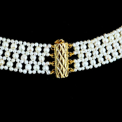 Pearl Woven Bridal V Necklace with Solid 14k Gold Clasp