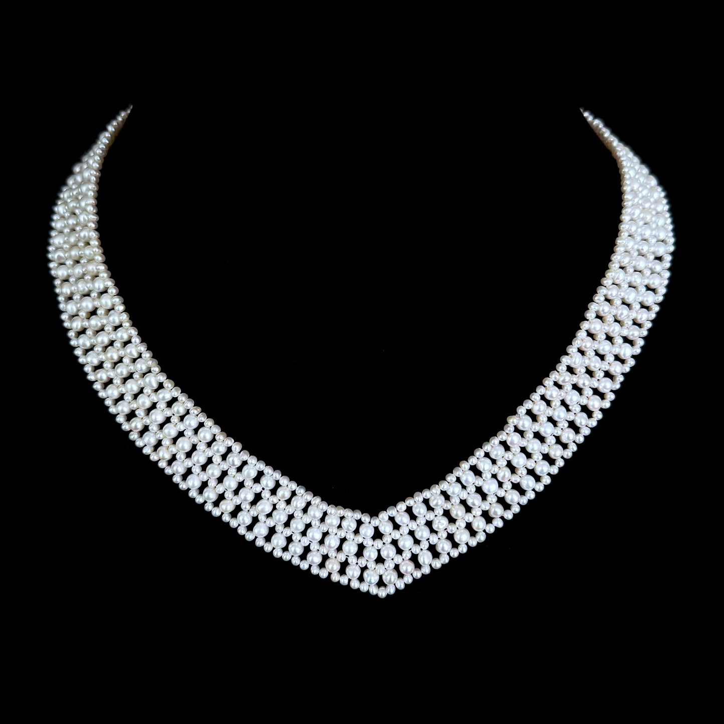 Pearl Woven Bridal V Necklace with Solid 14k Gold Clasp