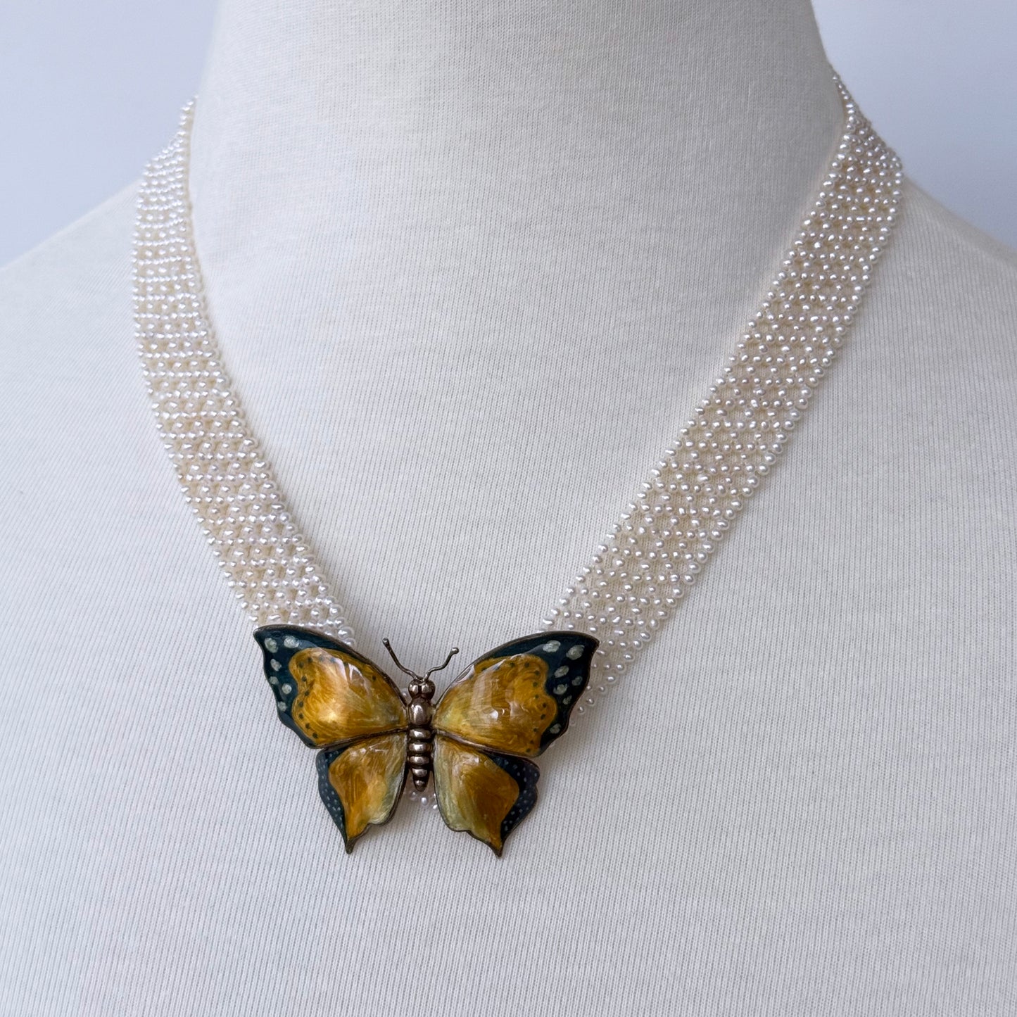 Seed Pearl Woven "V" Necklace with 14k