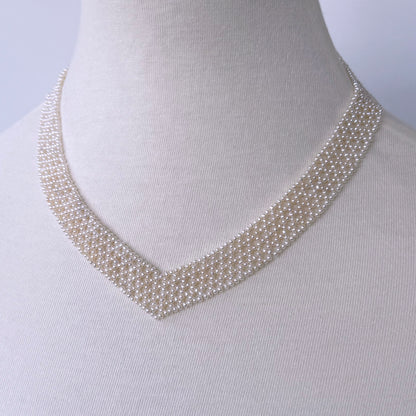 Seed Pearl Woven "V" Necklace with 14k