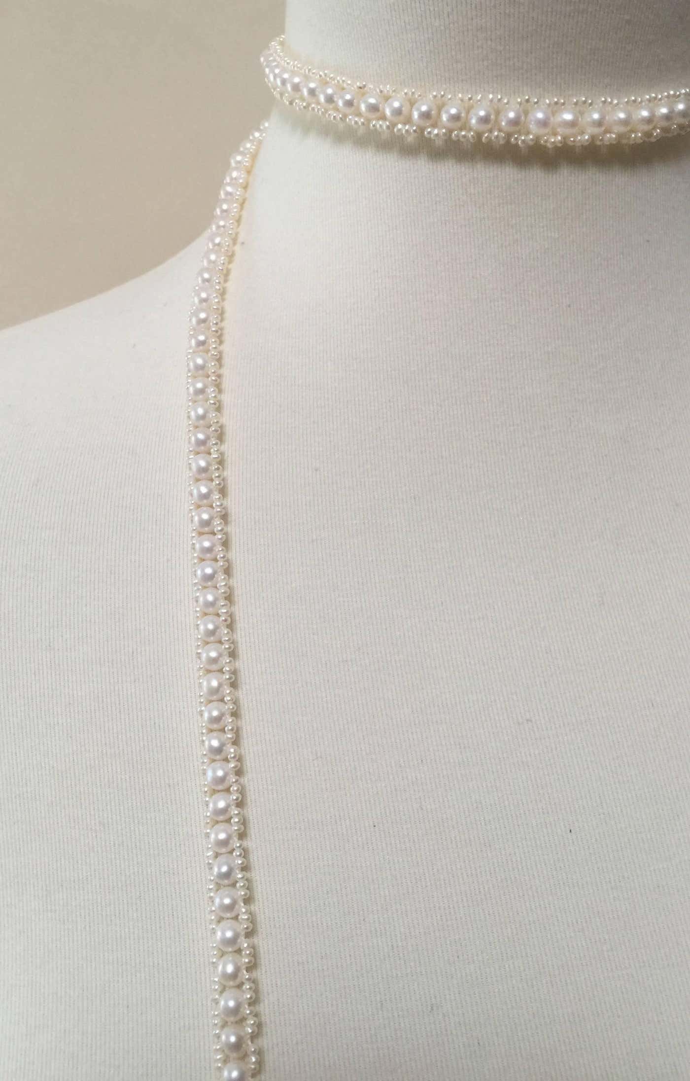 Intricately Woven Pearl Sautoir with Pearl Tassels Diamond roundels