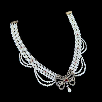 Woven Pearl Necklace with Sterling Silver Vintage Brooch with Garnet