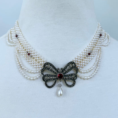 Woven Pearl Necklace with Sterling Silver Vintage Brooch with Garnet