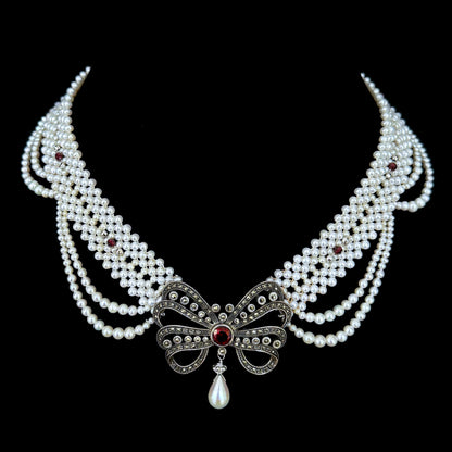 Woven Pearl Necklace with Sterling Silver Vintage Brooch with Garnet