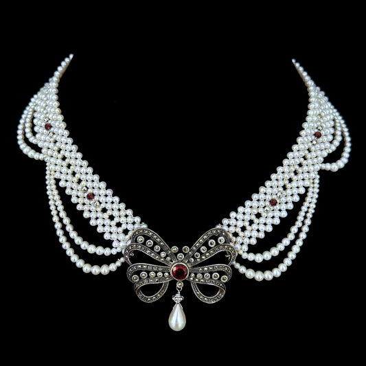 Woven Pearl Necklace with Sterling Silver Vintage Brooch with Garnet