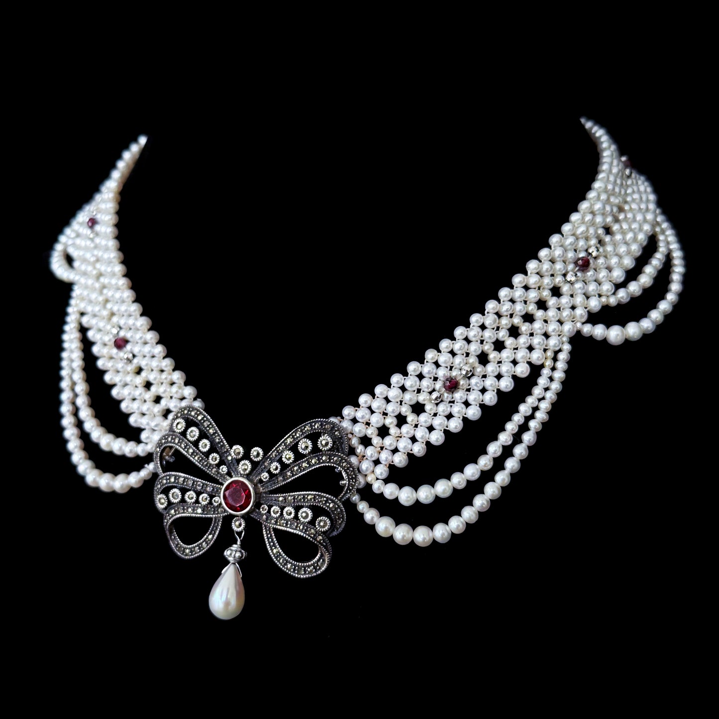 Woven Pearl Necklace with Sterling Silver Vintage Brooch with Garnet