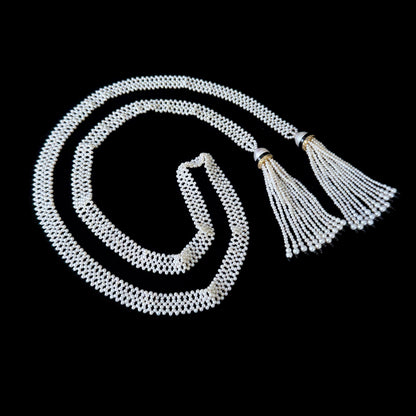 Pearl Woven Lariat Sautoir With Gold & Diamonds