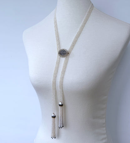 Pearl Woven Lariat Sautoir With Gold & Diamonds