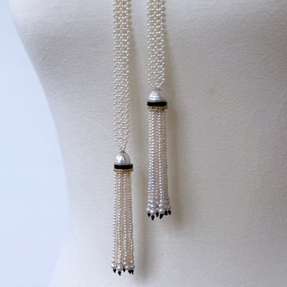 Pearl Woven Lariat Sautoir With Gold & Diamonds