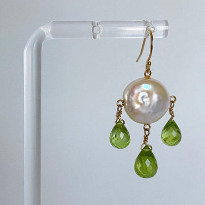 Coin Pearl & Peridot Chandelier Earrings with 14k Yellow Gold