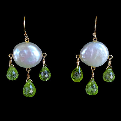 Coin Pearl & Peridot Chandelier Earrings with 14k Yellow Gold
