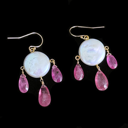 Pink Sapphire, Pearl & 14k Gold Chandelier Earrings