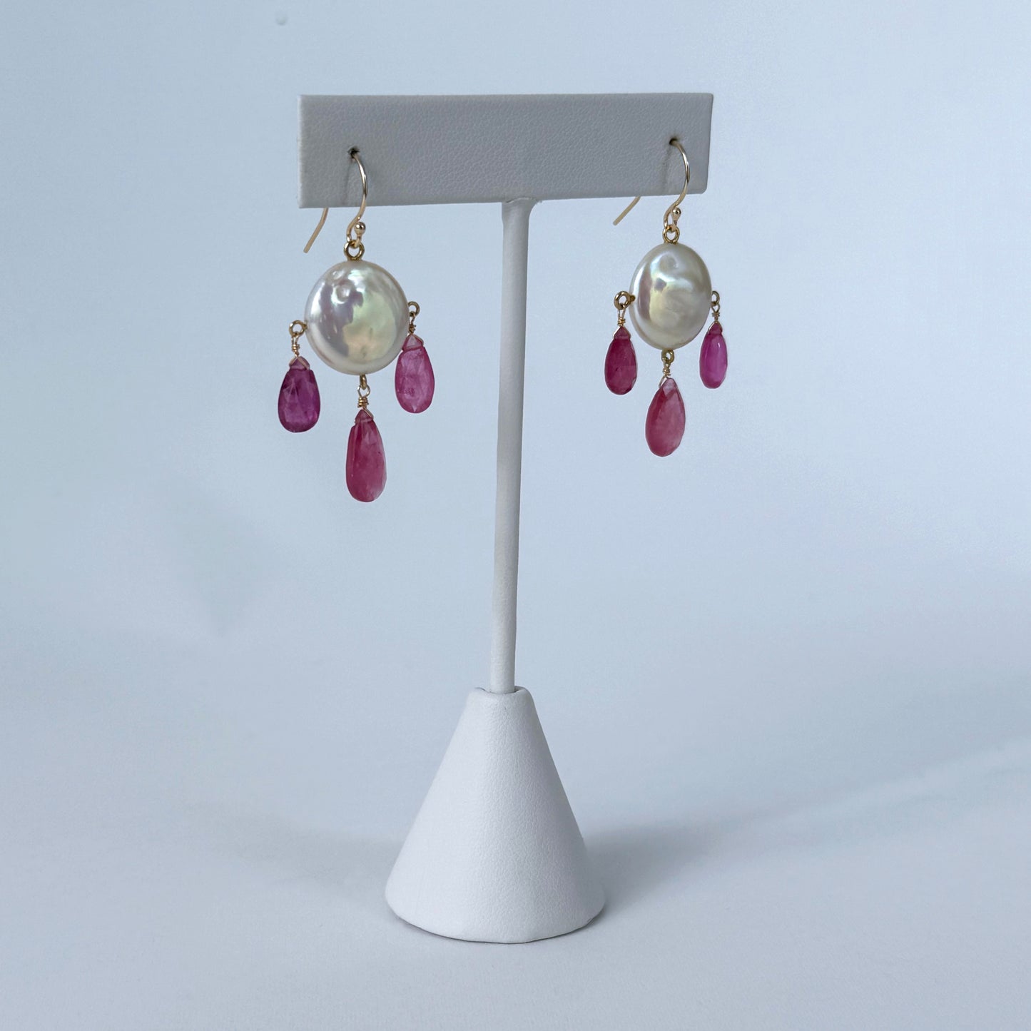 Pink Sapphire, Pearl & 14k Gold Chandelier Earrings