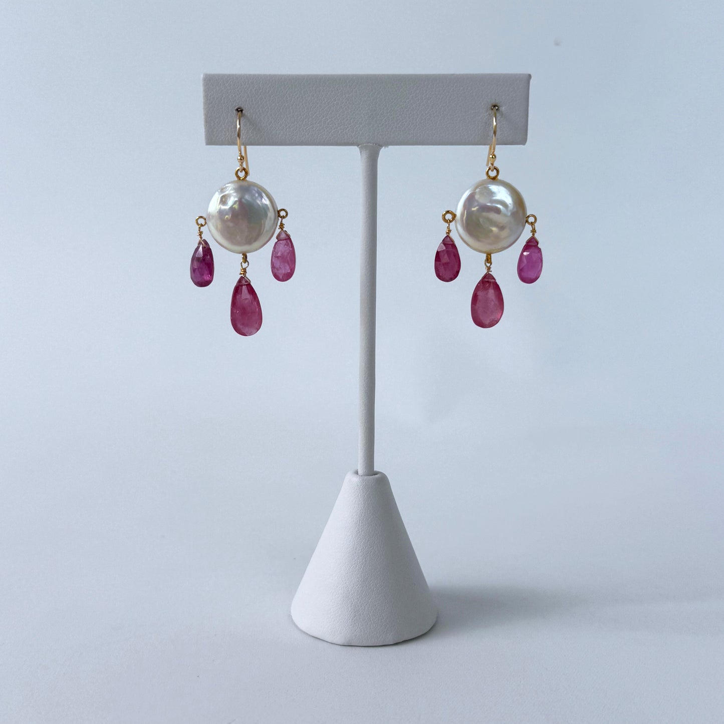 Pink Sapphire, Pearl & 14k Gold Chandelier Earrings