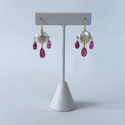 Pink Sapphire, Pearl & 14k Gold Chandelier Earrings